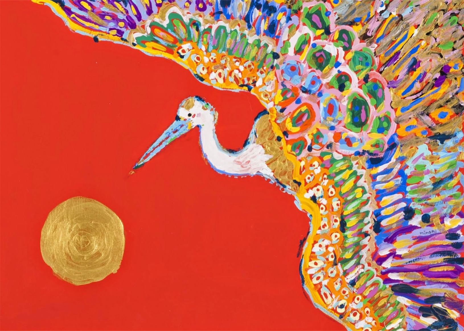 赤地に鶴と金の円を描いた作品