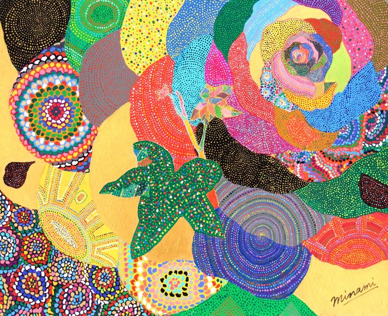 点、色、模様、有機的な形が重なり合い、一つの世界を生成する絵画作品